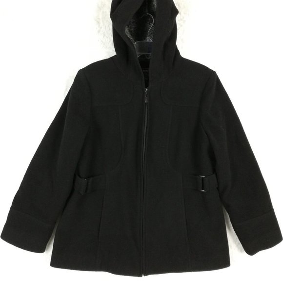 Fleet Street Ltd Womens Coat Wool Blend Black‎ Hooded Sherpa Accent Full Zip L - Picture 1 of 13